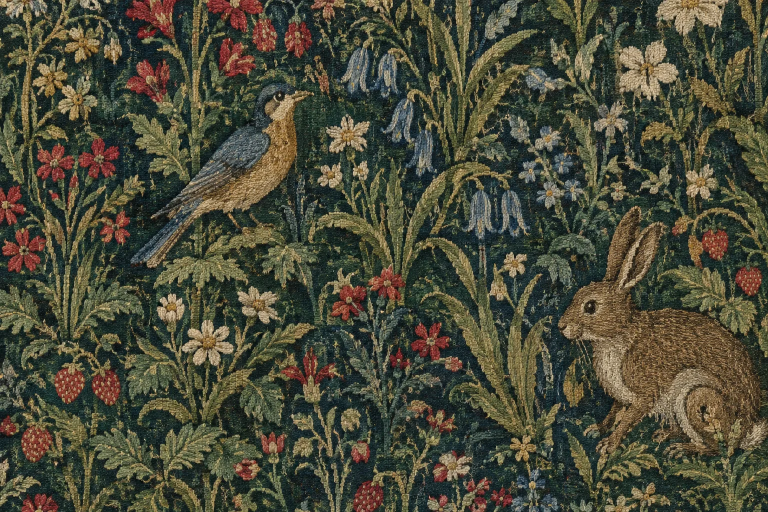 Détail d’une tapisserie médiévale : un petit animal et des fleurs tissés dans un décor végétal.