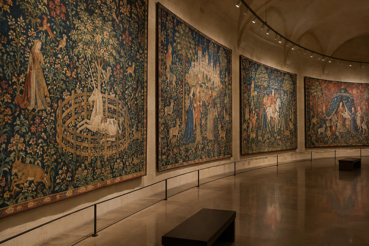 Des tapisseries médiévales aux motifs végétaux présentées dans une salle de musée à la lumière tamisée.