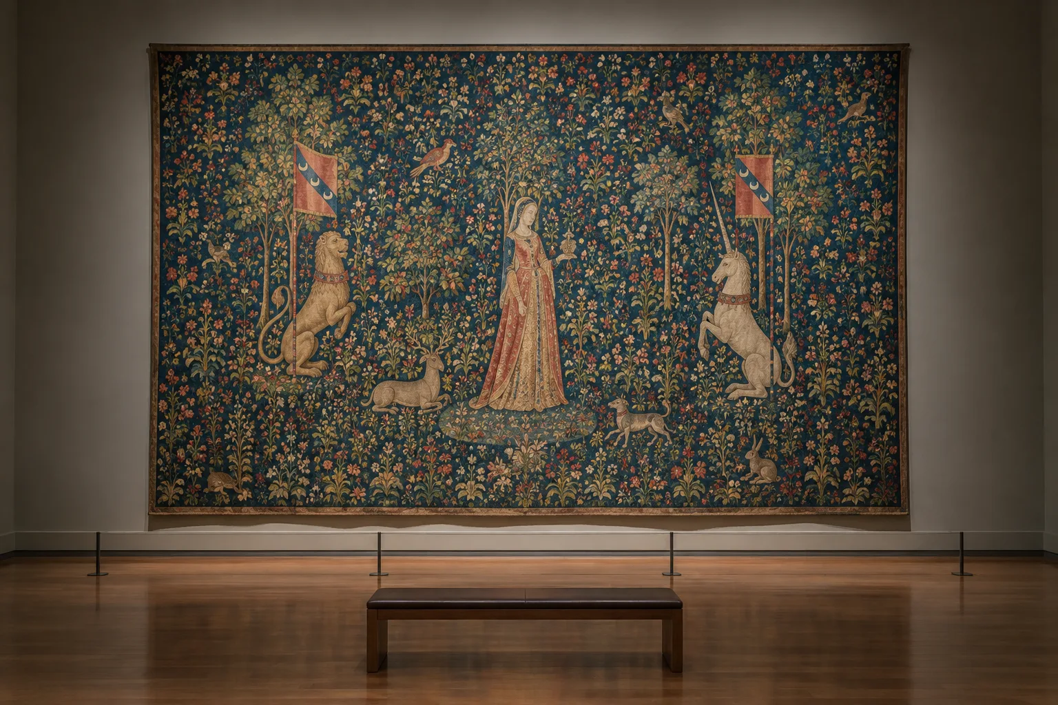 Une tapisserie médiévale aux motifs de fleurs et d’animaux exposée dans une salle de musée.