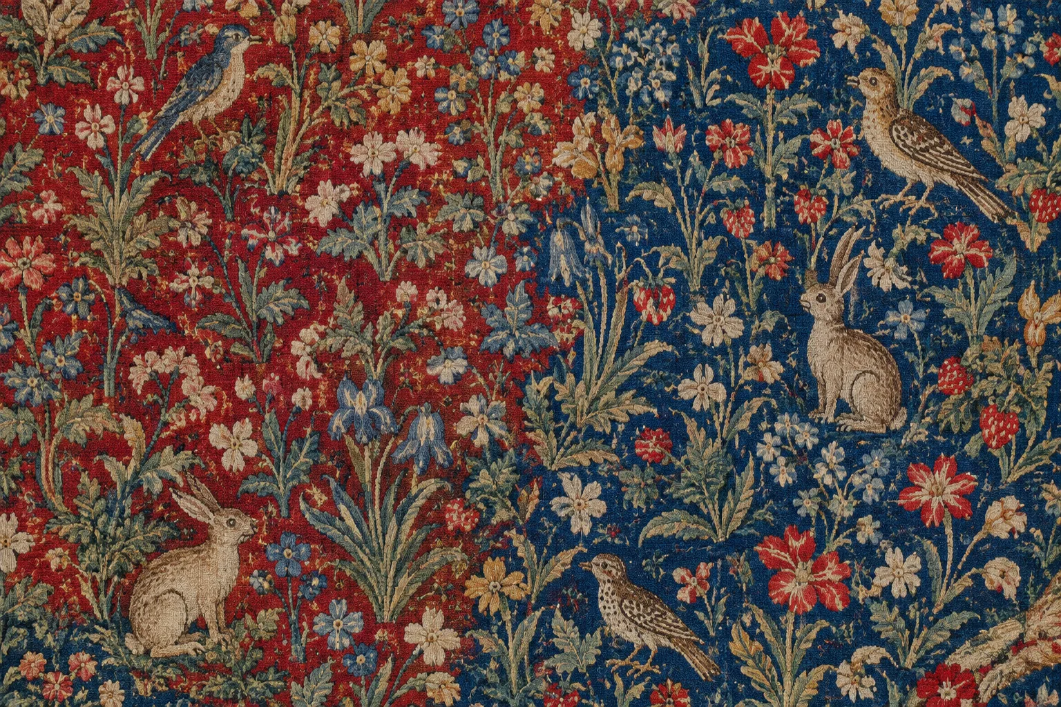 Détail d’une tapisserie médiévale aux fonds rouges et bleus, peuplés de fleurs et de petits animaux.