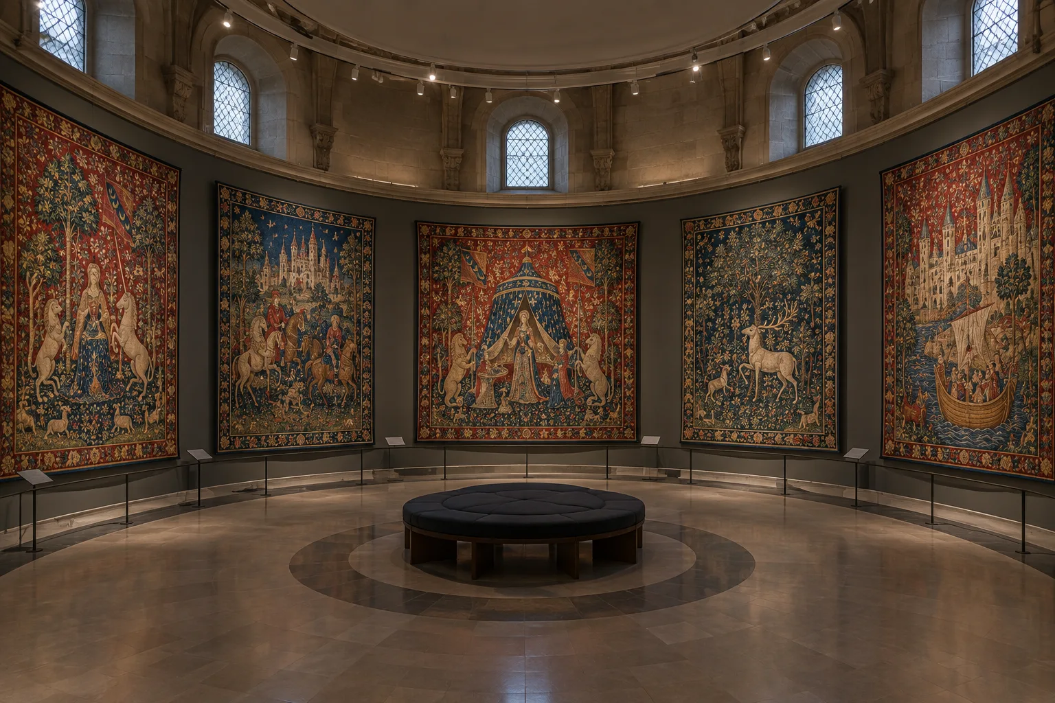 Les tapisseries médiévales de La Dame à la licorne présentées dans une salle circulaire du musée de Cluny.