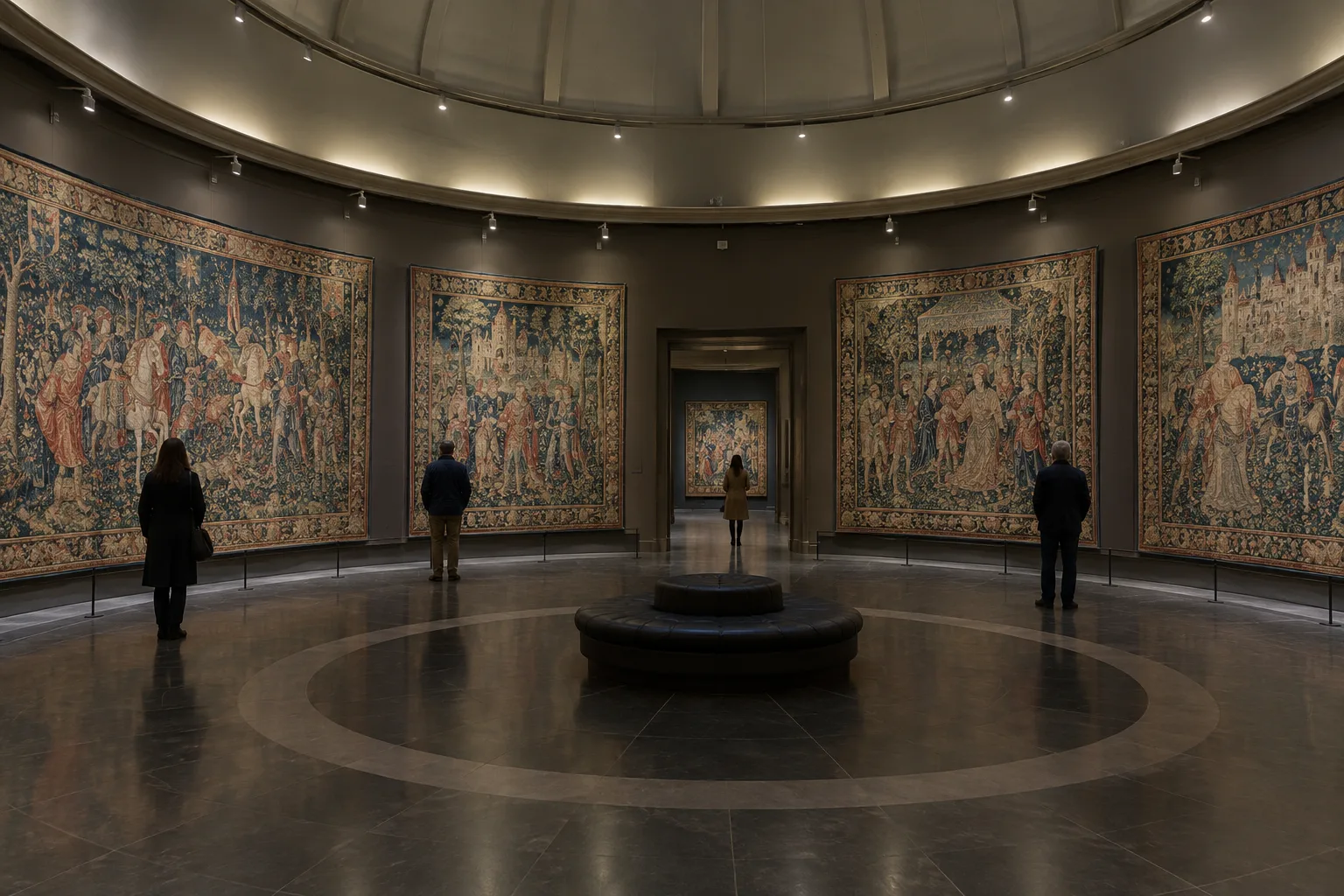 Salle circulaire de musée où des tapisseries anciennes sont accrochées autour de l’espace.