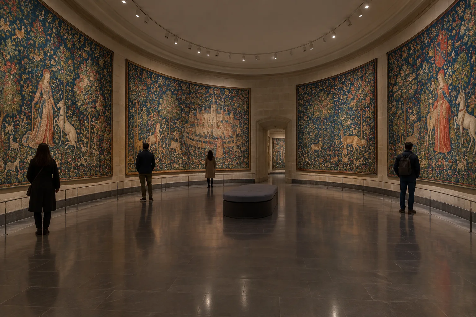 Une salle de musée ovale où des tapisseries médiévales sont présentées sur les murs.