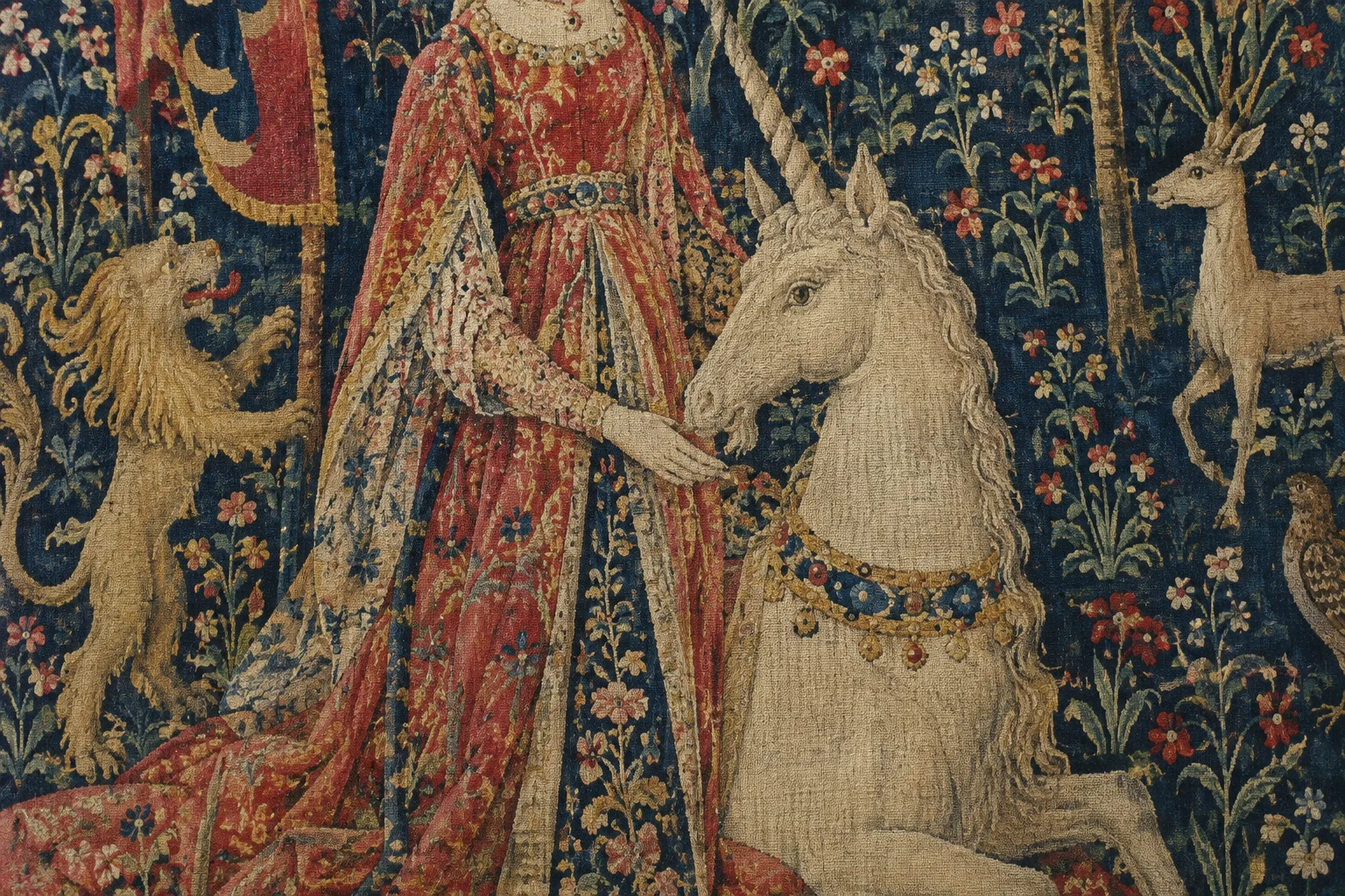 Détail d’une tapisserie médiévale figurant une dame et une licorne parmi des fleurs et des animaux.