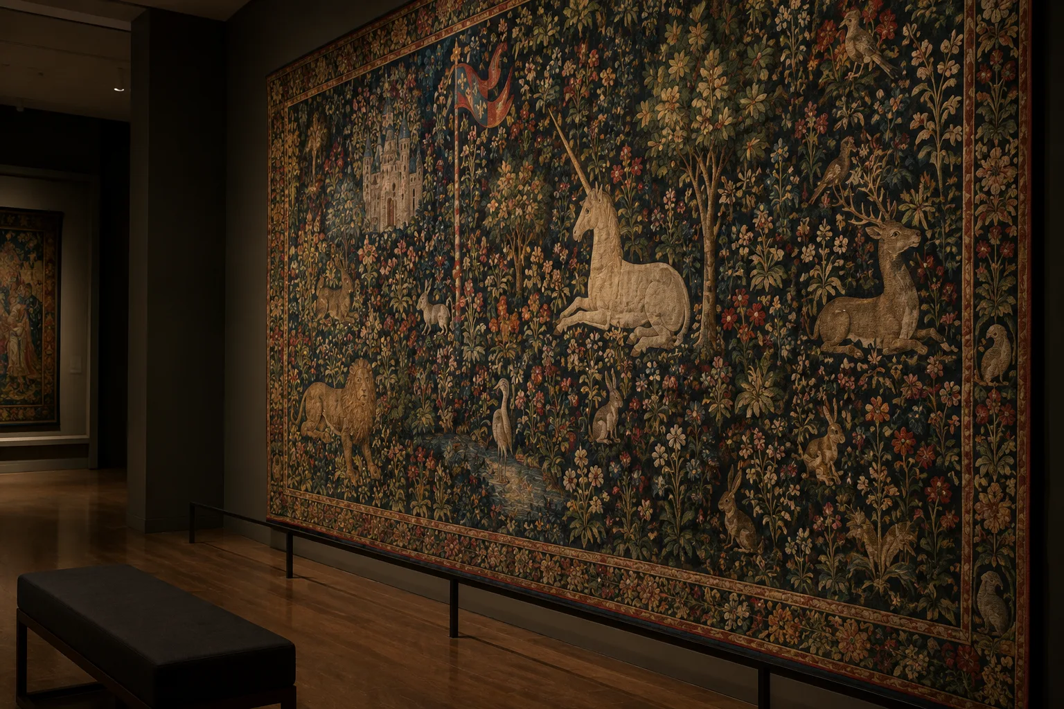 Détail d’une tapisserie médiévale aux motifs de fleurs et d’animaux dans une salle de musée.