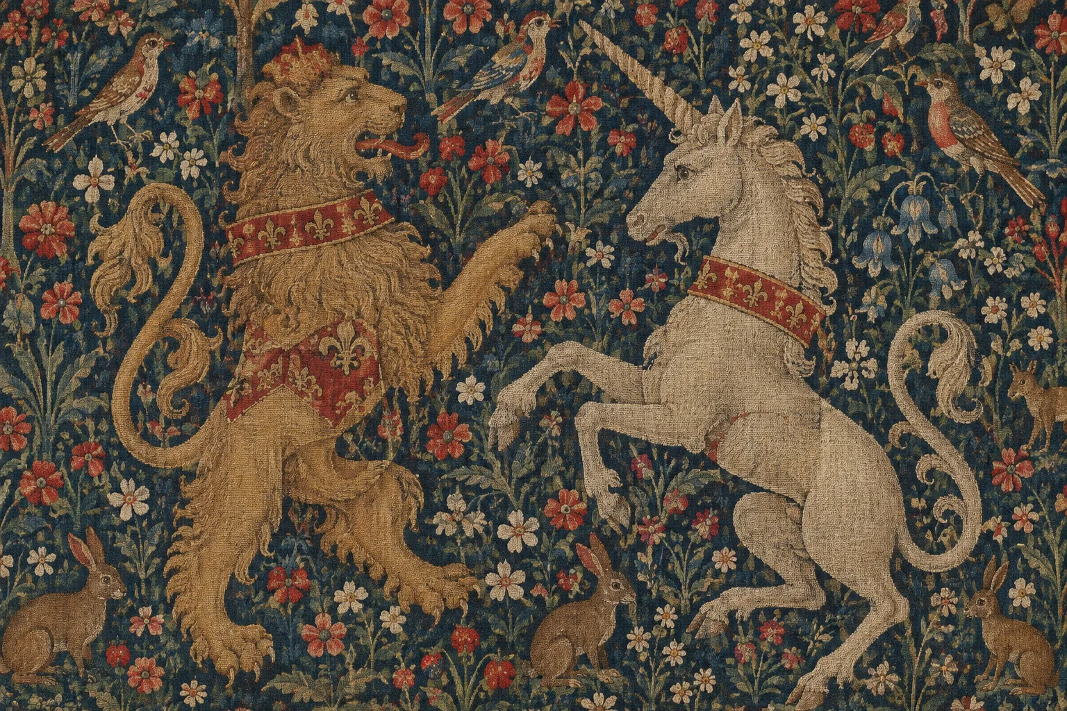 Un lion et une licorne apparaissent parmi des animaux et des fleurs tissés dans une tapisserie.