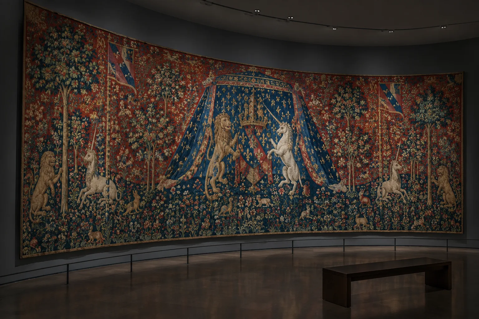 Détail d’une tapisserie médiévale aux motifs floraux et aux figures d’un lion et d’une licorne.