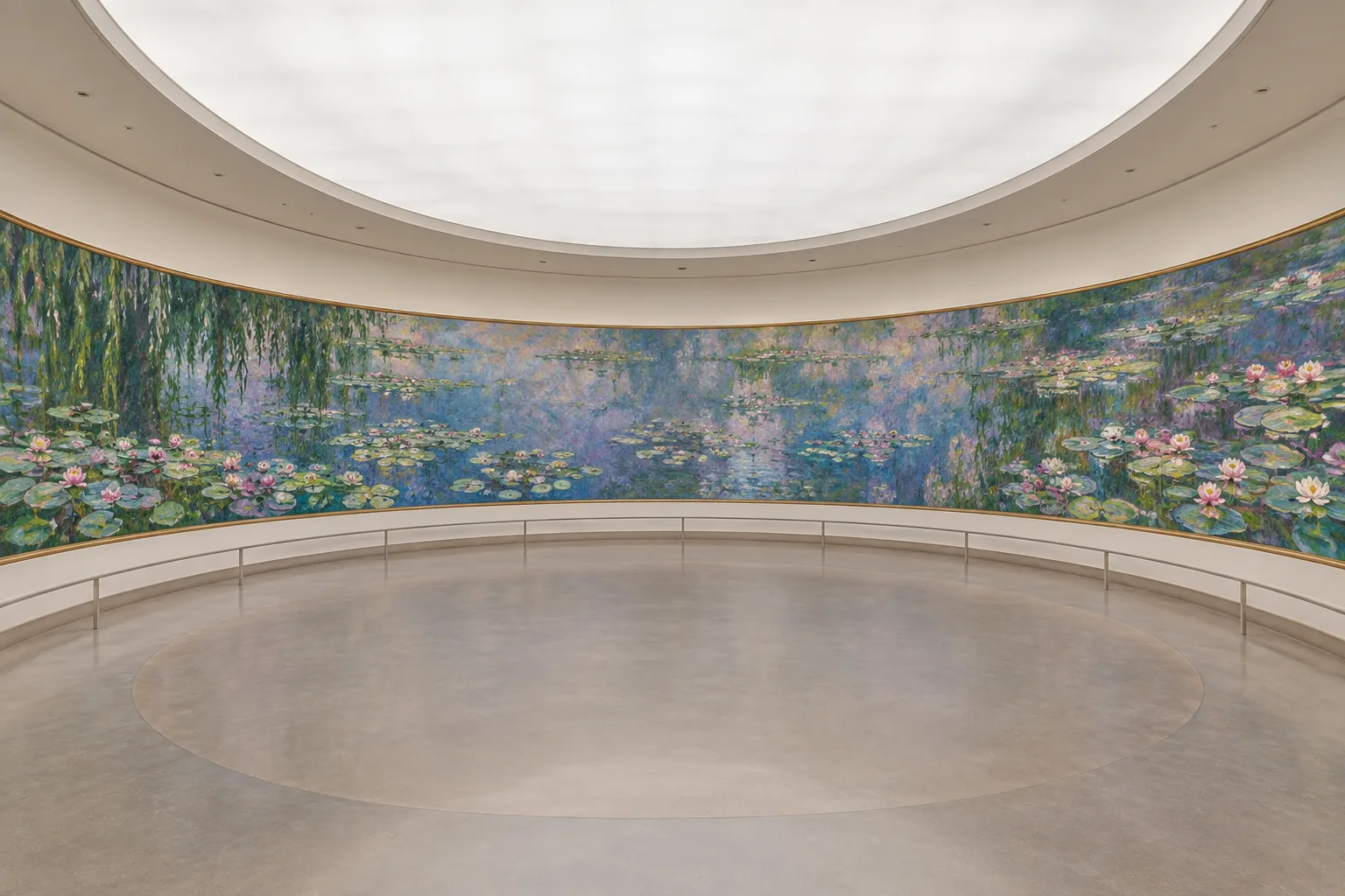Des panneaux impressionnistes de nymphéas se déploient en continu sur les murs courbes d’une galerie ovale.