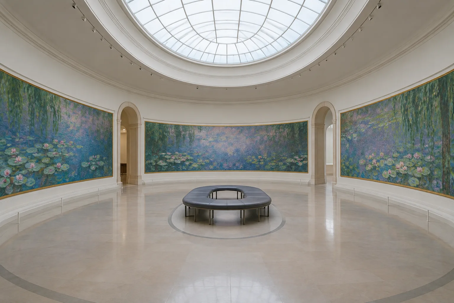 Une salle ovale de musée où de grands panneaux de nymphéas suivent les murs courbes sous une lumière douce.
