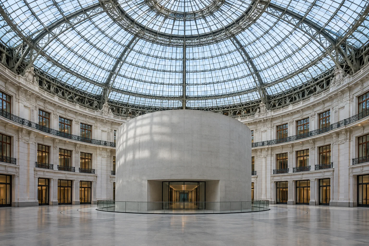 La rotonde de la Bourse de Commerce, avec son cylindre de béton sous la coupole de verre.