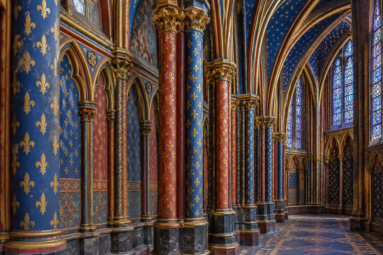 Vue intérieure de la chapelle basse, avec ses colonnes peintes et ses voûtes décorées.