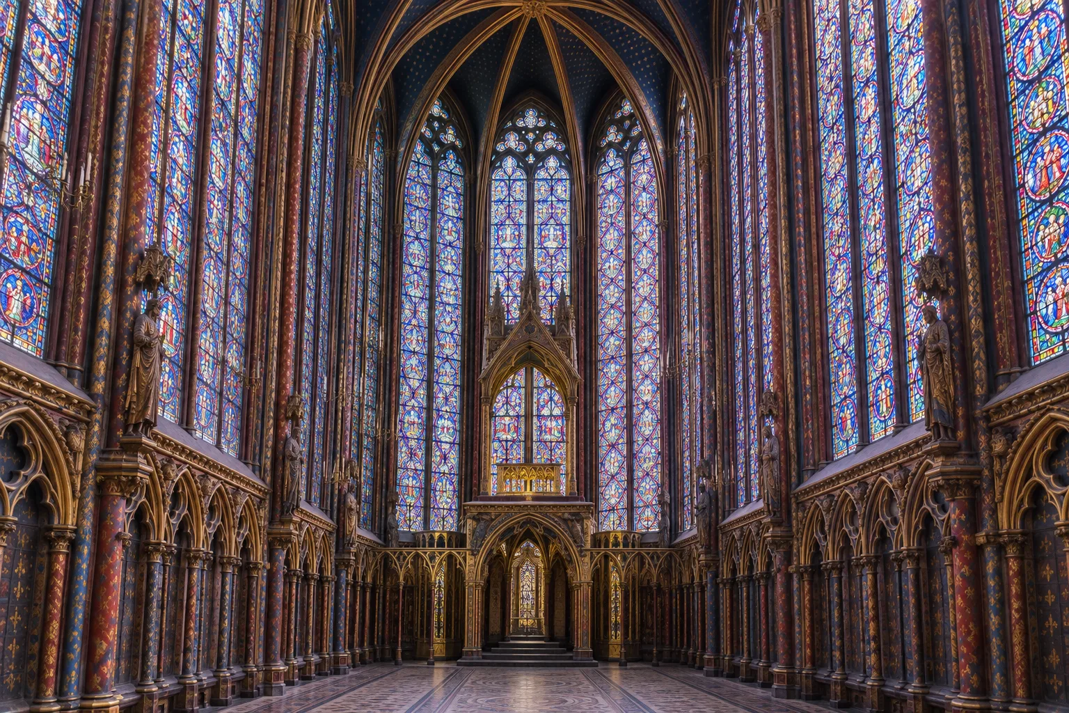 Les hautes verrières colorées de la chapelle haute de la Sainte-Chapelle.
