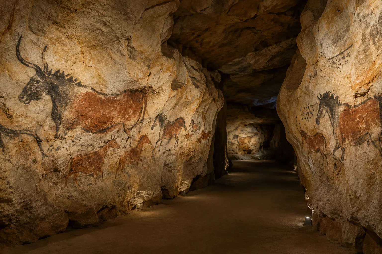 Paroi de grotte reconstituée ornée de peintures animales aux tons ocre et noir.