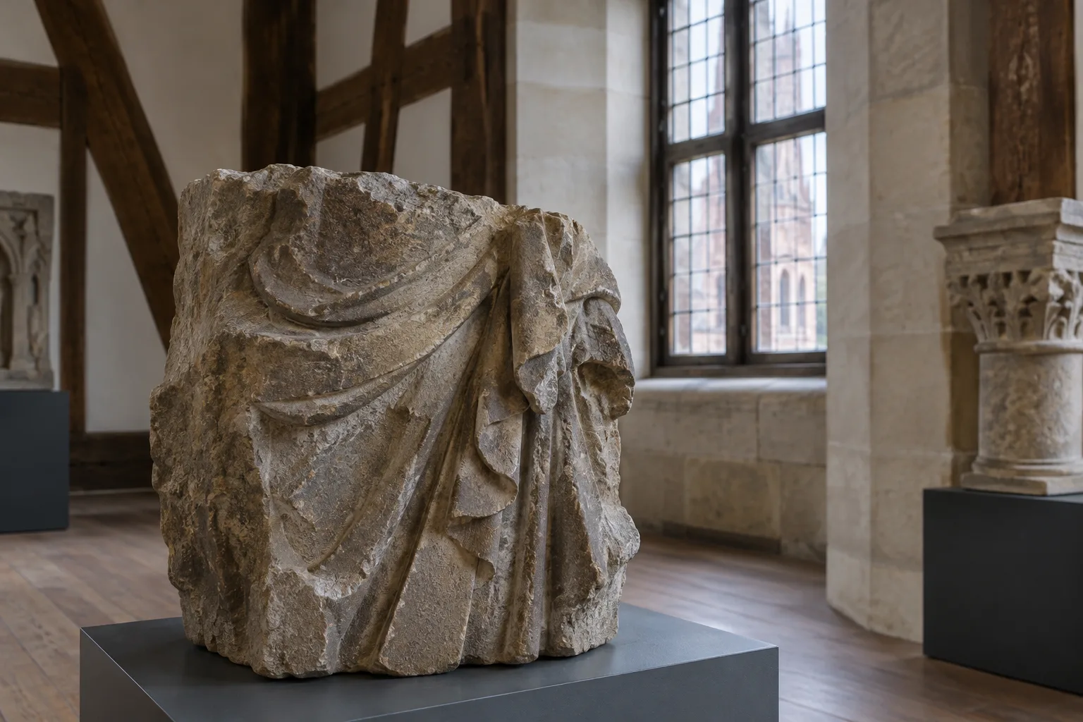 Fragment sculpté en pierre exposé dans une salle aux murs clairs du musée de l’Œuvre Notre-Dame.