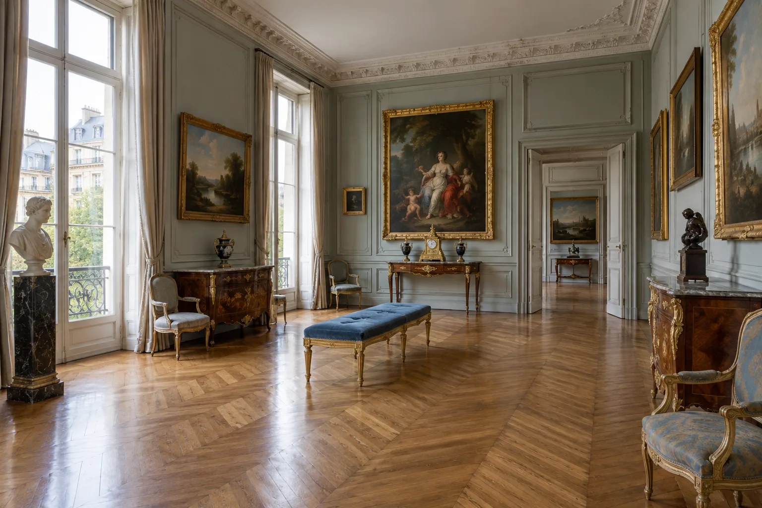 Une galerie du musée Carnavalet avec peintures et mobilier ancien.