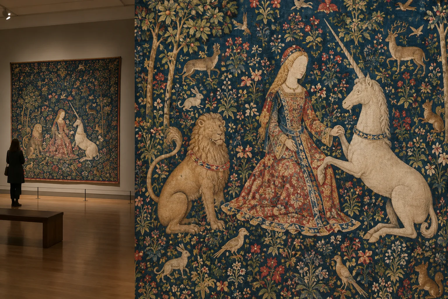 Détail d’une tapisserie médiévale où une femme, une licorne et un lion se détachent parmi de petites fleurs.