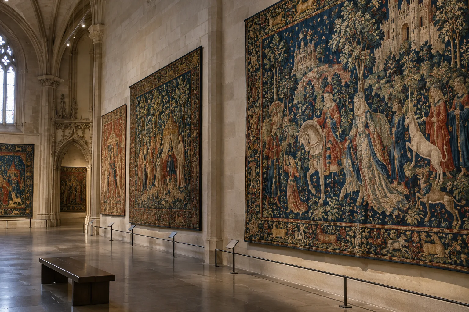 Les tapisseries médiévales sont présentées dans une salle aux murs de pierre, sous une lumière douce.