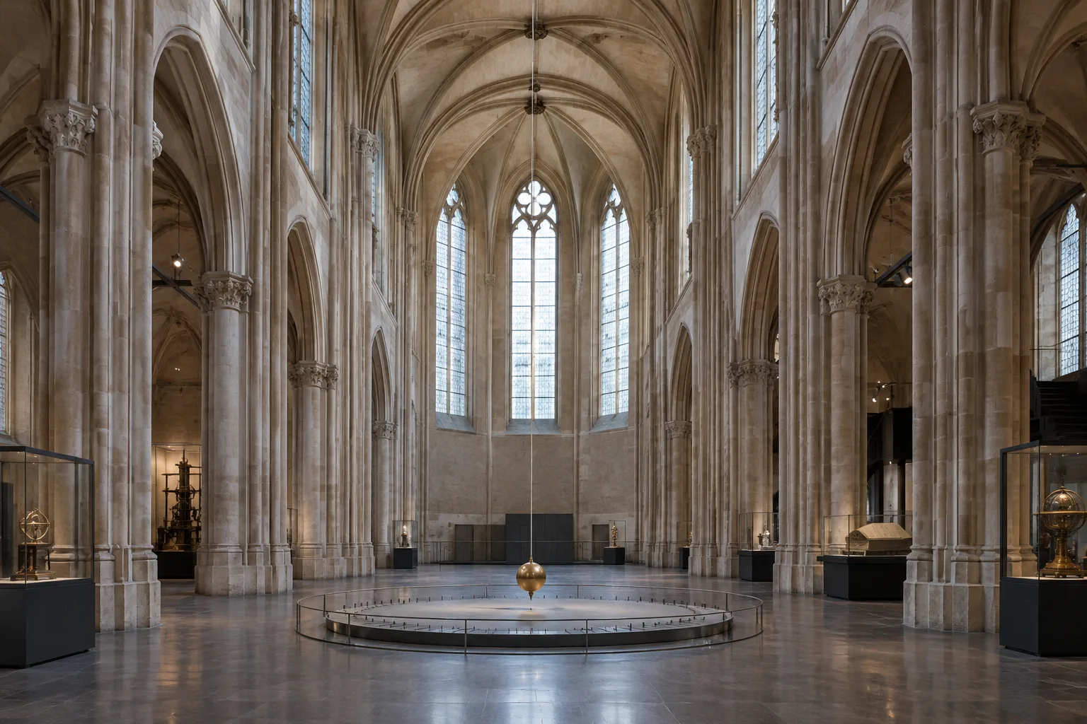 Le pendule de Foucault suspendu sous la voûte de l’ancienne église de Saint-Martin-des-Champs.