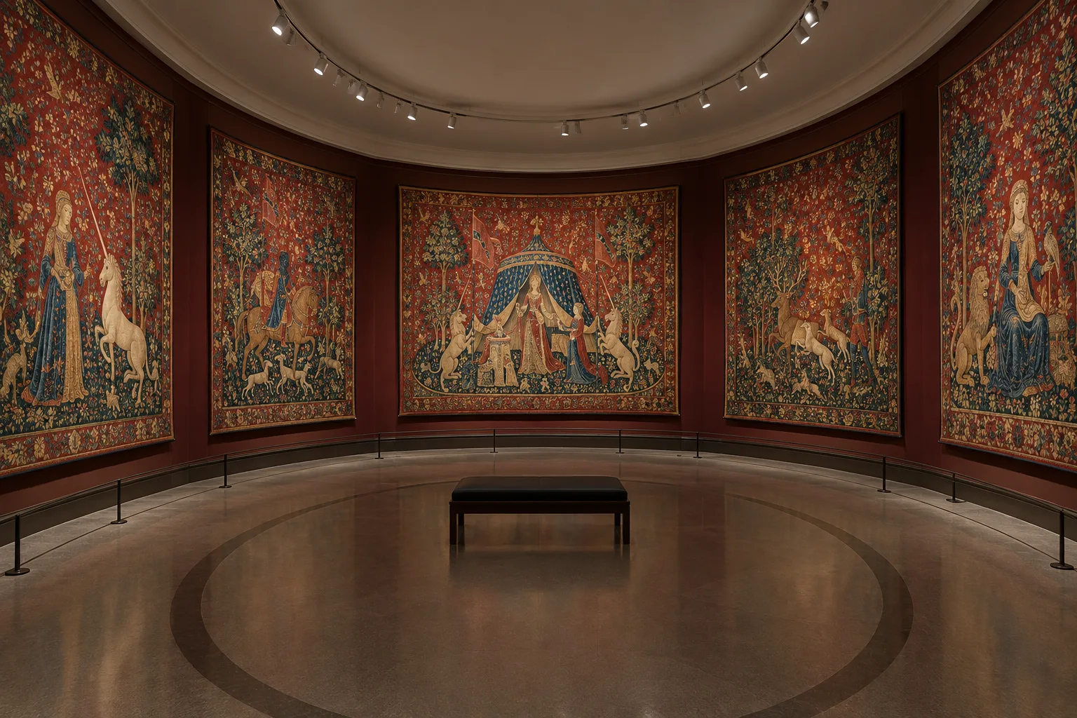 Vue d’une salle ovale où plusieurs tapisseries médiévales couvrent les murs.
