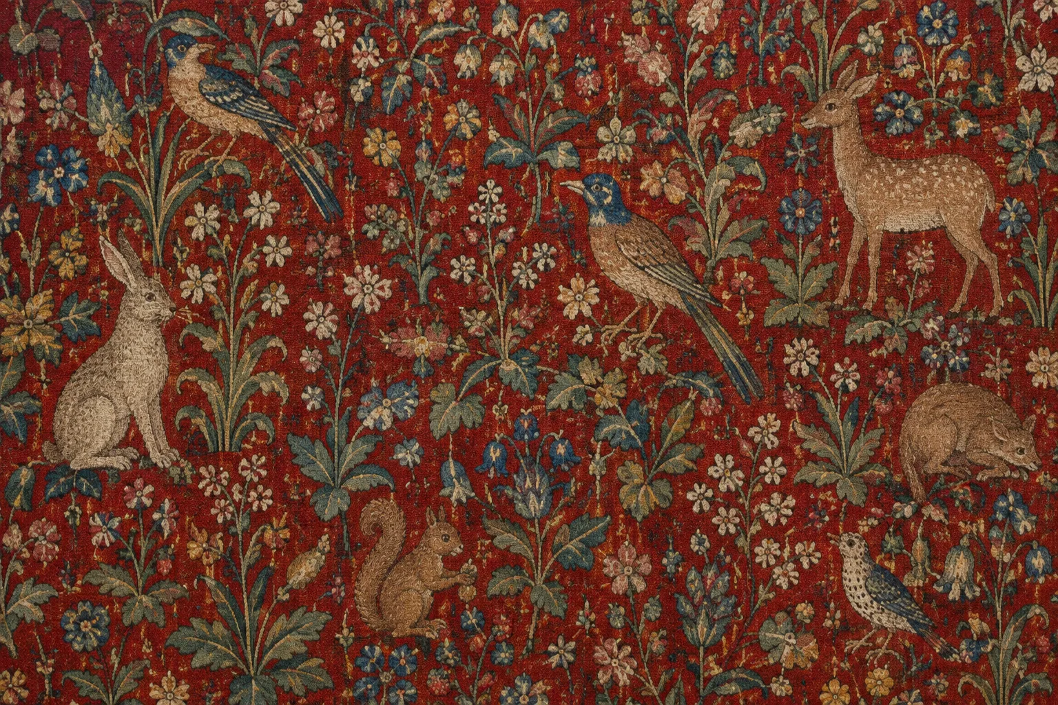 Détail d’une tapisserie médiévale où de petites fleurs et des animaux se détachent sur un fond rouge.