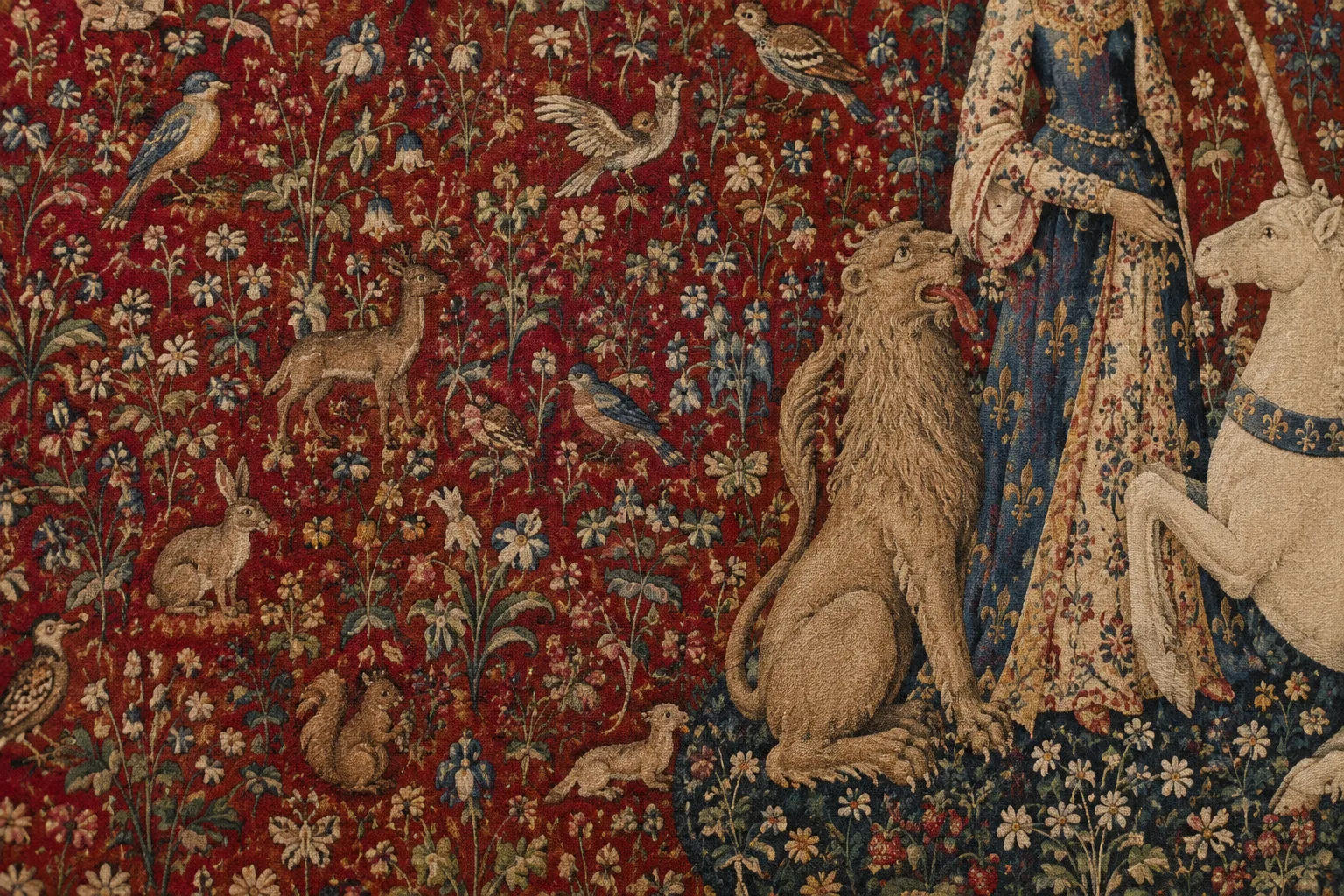 Détail d’une tapisserie médiévale où des fleurs et de petits animaux se détachent sur un fond rouge.