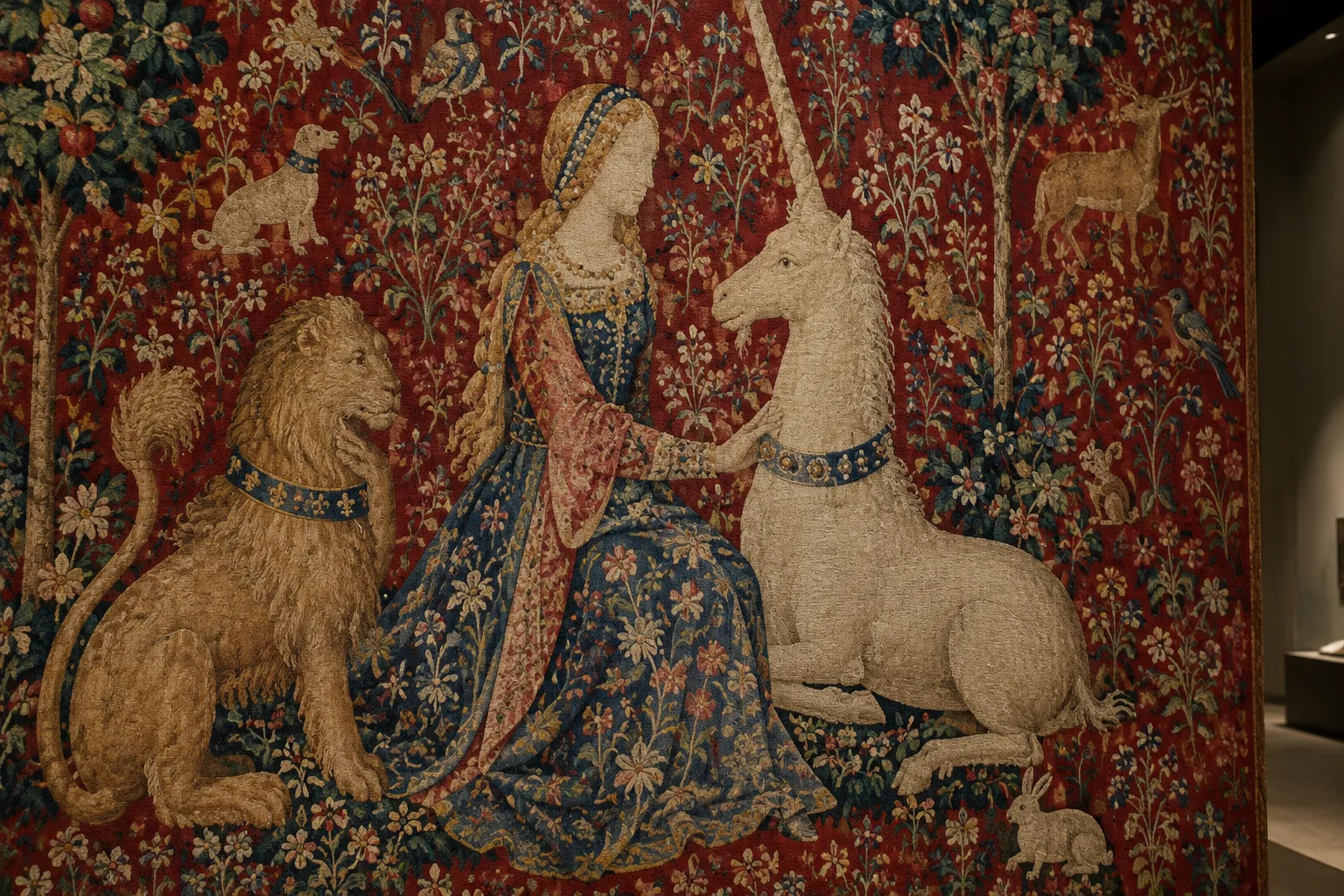 Détail d’une tapisserie médiévale aux fils colorés, avec de petites fleurs autour d’une dame et d’une licorne.