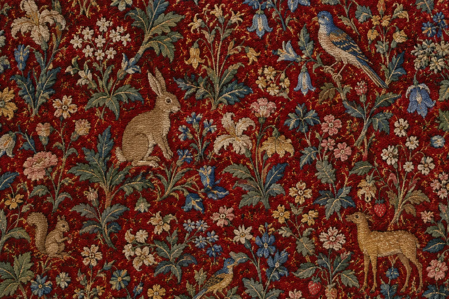 Détail d’un fond rouge semé de fleurs et de petits animaux tissés.