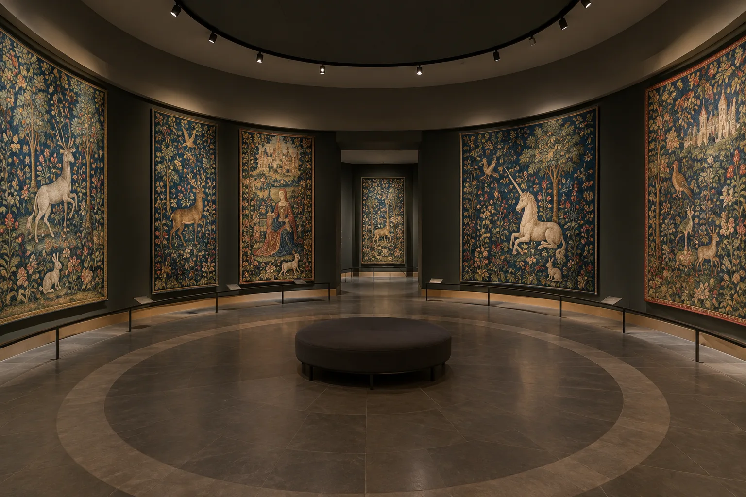 Une salle circulaire présente des tapisseries médiévales sous une lumière douce, avec leurs motifs floraux visibles.