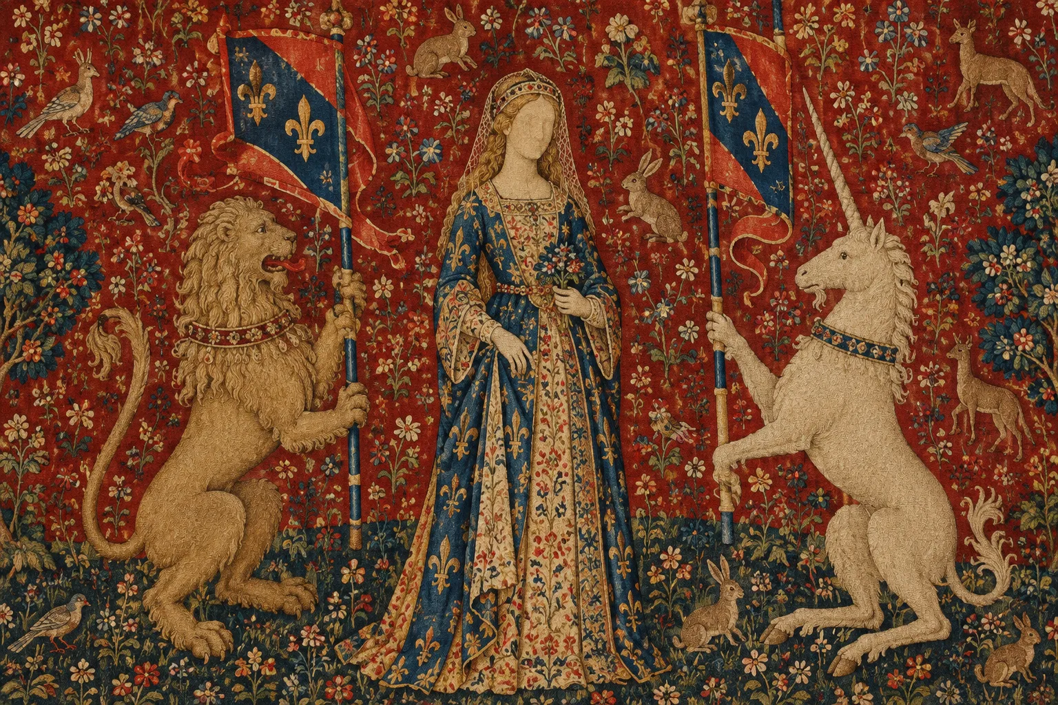 Détail d’une tapisserie rouge où des fleurs et de petits animaux entourent une dame, un lion et une licorne.