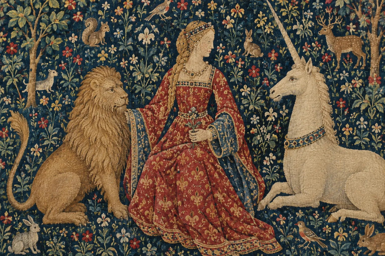 Détail tissé de La Dame à la licorne : une dame et des animaux se détachent sur un fond de fleurs et de feuillages.