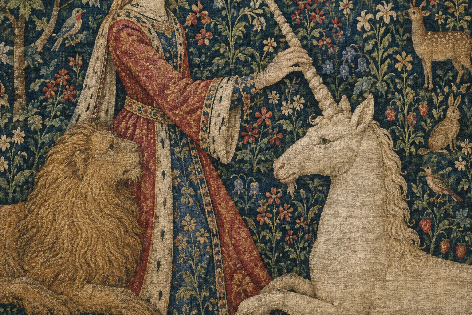 Détail d’une tapisserie montrant une dame qui pose la main sur la corne d’une licorne.