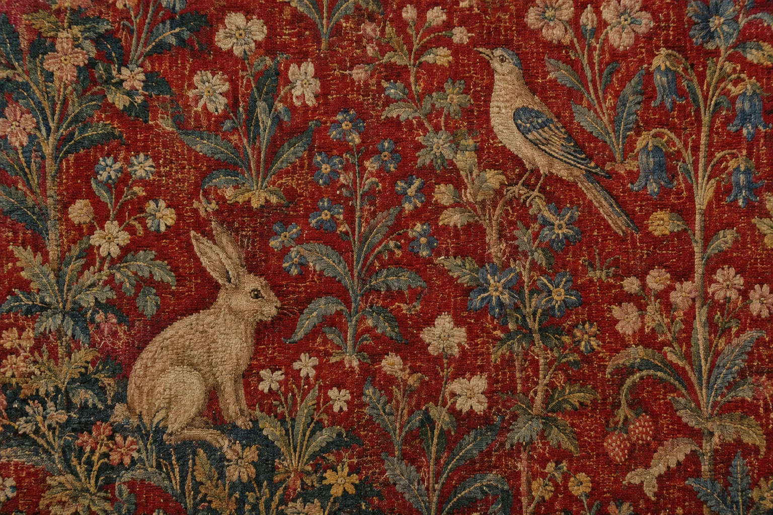 Détail d’une tapisserie médiévale où fleurs et petits animaux se détachent sur un fond rouge.