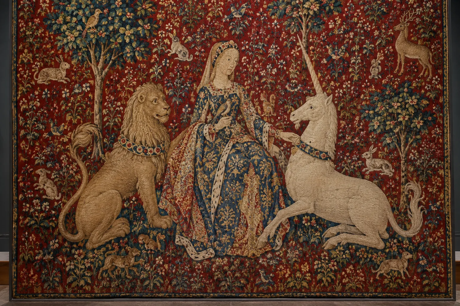 Détail d’une tapisserie de La Dame à la licorne, avec une dame, un lion, une licorne et un fond fleuri.