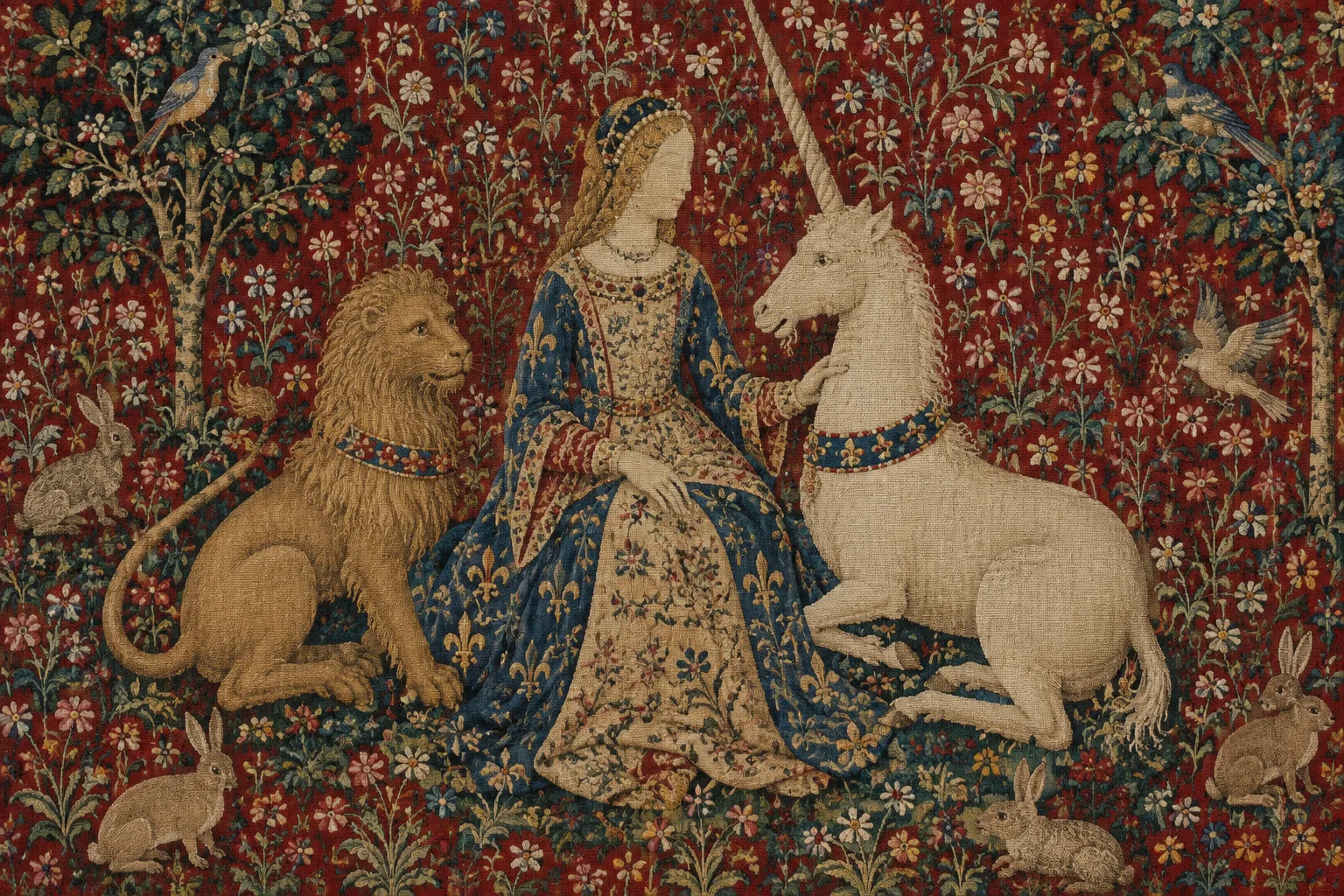Détail d’une tenture où une dame, une licorne et un lion se détachent parmi les fleurs.