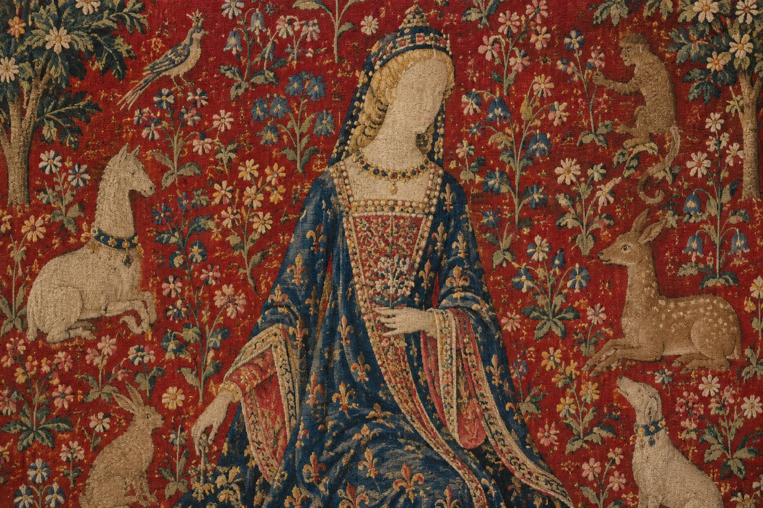 Détail d’une tapisserie médiévale où une figure centrale se détache sur un fond rouge semé de fleurs et de petits animaux.