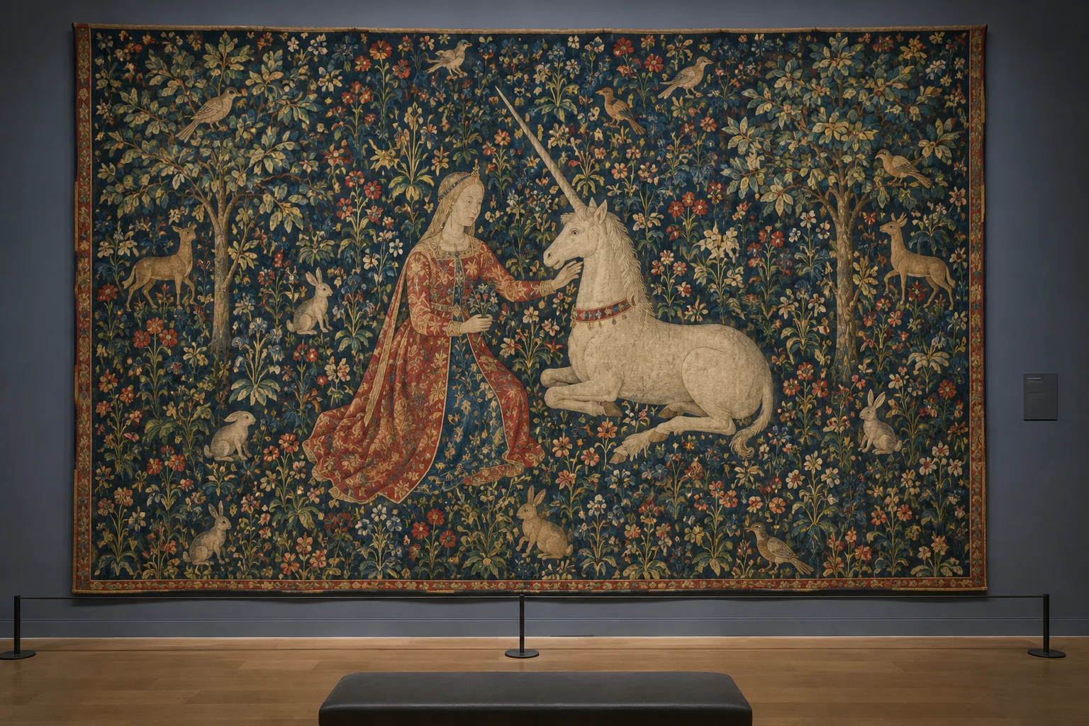 Une tenture médiévale présente une licorne parmi des fleurs et de petits animaux.