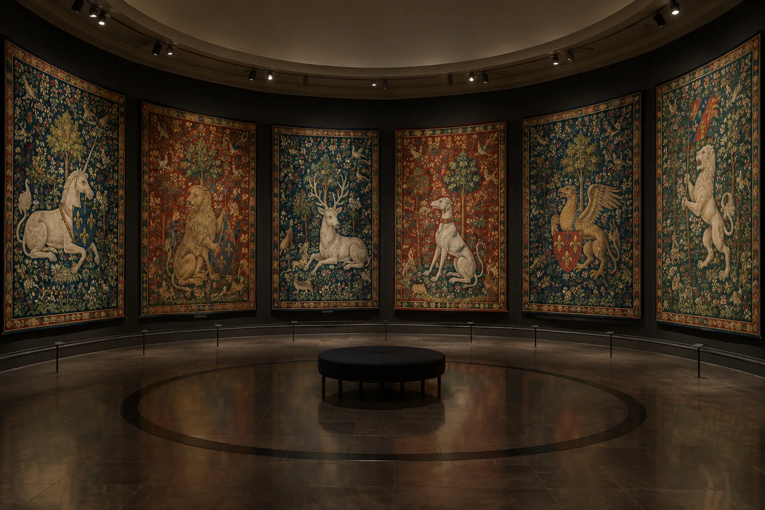 Des tapisseries médiévales aux fonds fleuris sont accrochées tout autour d’une salle circulaire.