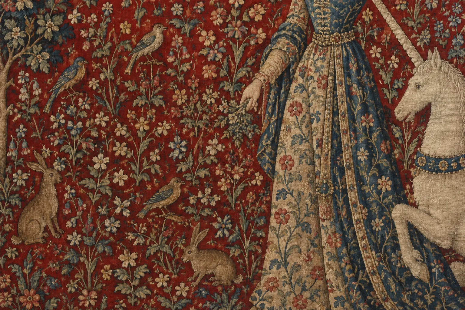 Détail d’un fond rouge couvert de fleurs, où apparaissent de petits animaux et une partie de la scène tissée.