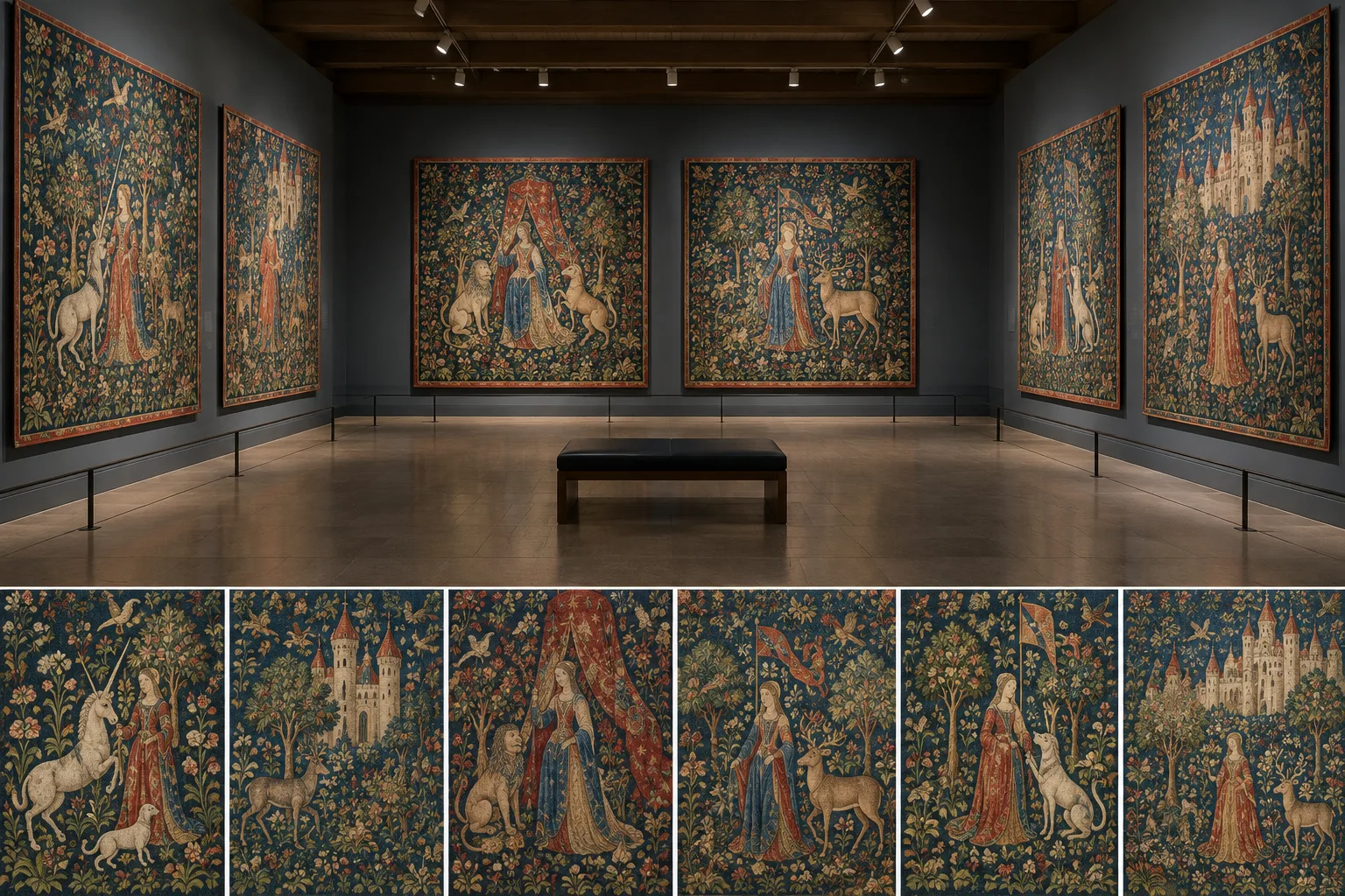 Vue d’ensemble de tapisseries médiévales accrochées dans une galerie aux murs sombres.