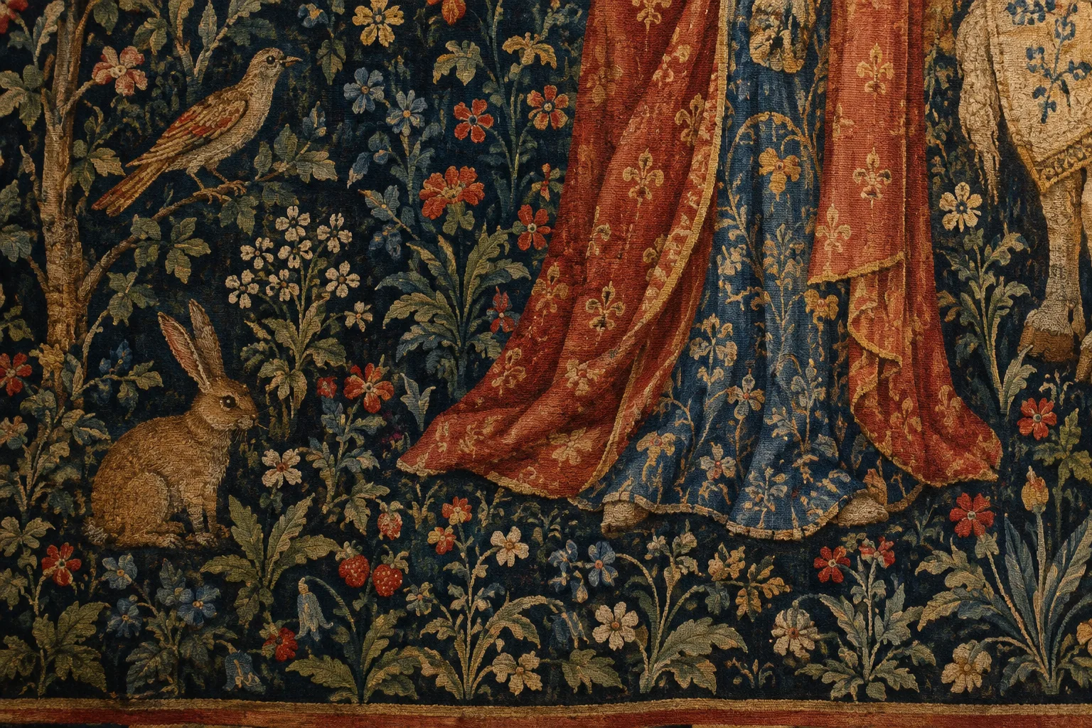 Détail d’un fond de tapisserie médiévale où apparaissent fleurs, feuillages et petits animaux.