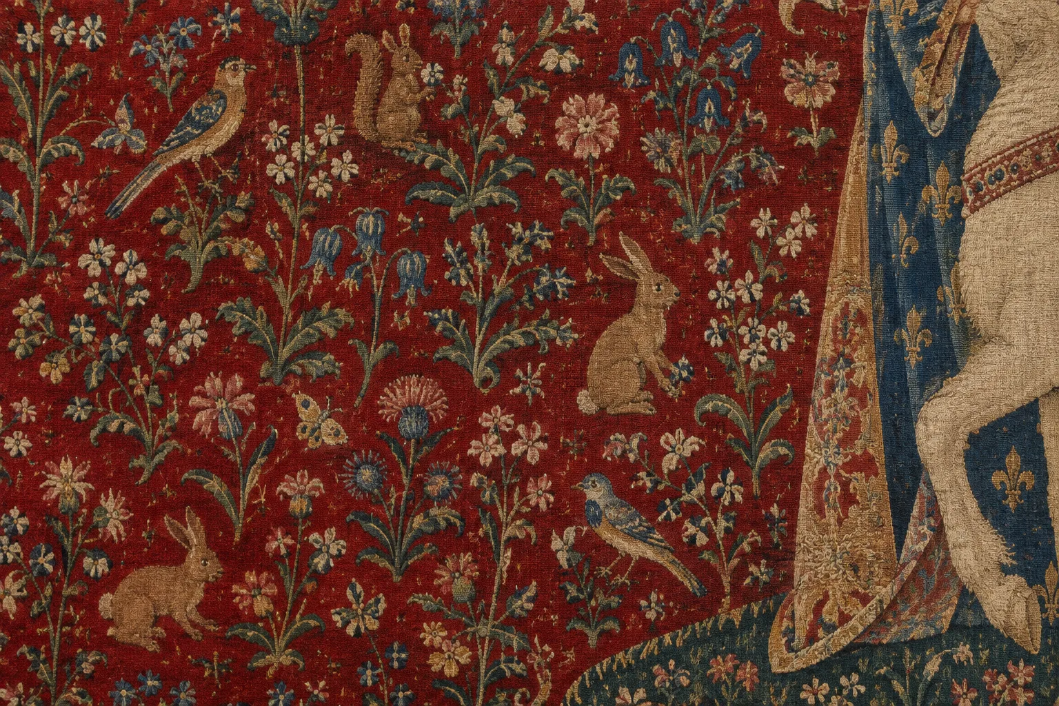 Détail d’une tapisserie rouge où se distinguent de petits animaux et des fleurs tissés.