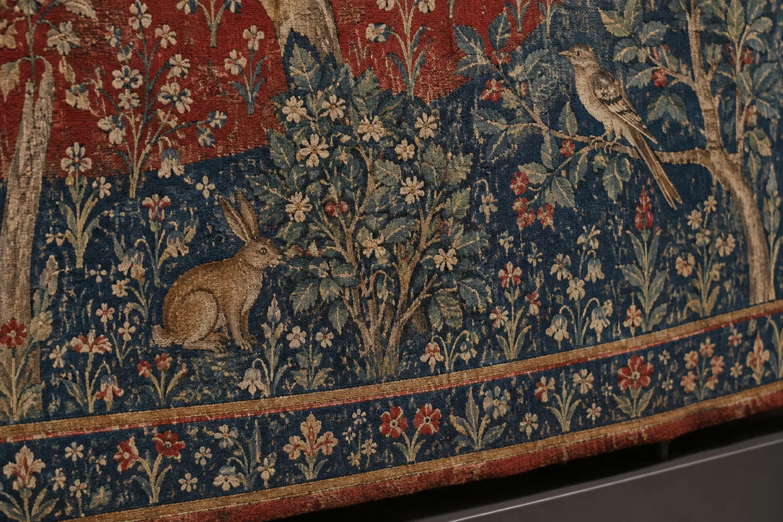 Un lapin et un oiseau apparaissent parmi les fleurs tissées d’une tapisserie médiévale.