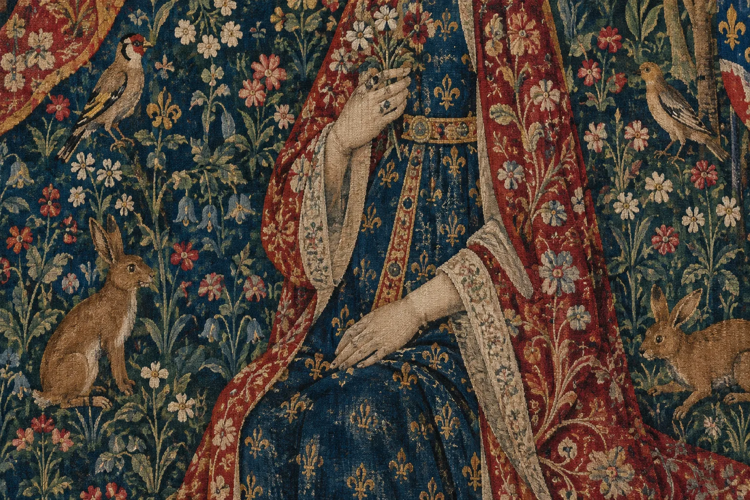 Détail d’une tapisserie médiévale où de petits animaux se mêlent aux fleurs et aux motifs tissés.