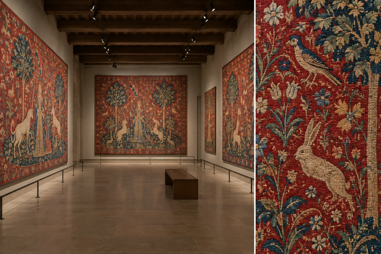 Des tapisseries rouges sont accrochées dans une salle de musée éclairée avec douceur.