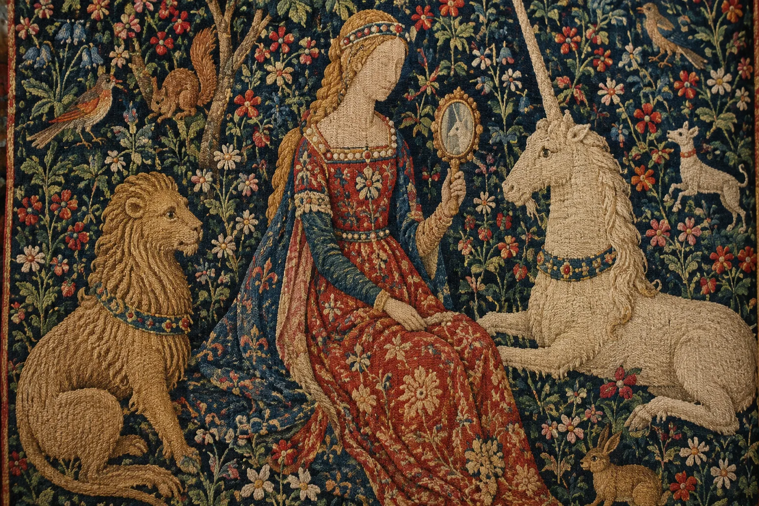 Détail d’une tapisserie montrant une dame, un miroir et des animaux parmi des fleurs.