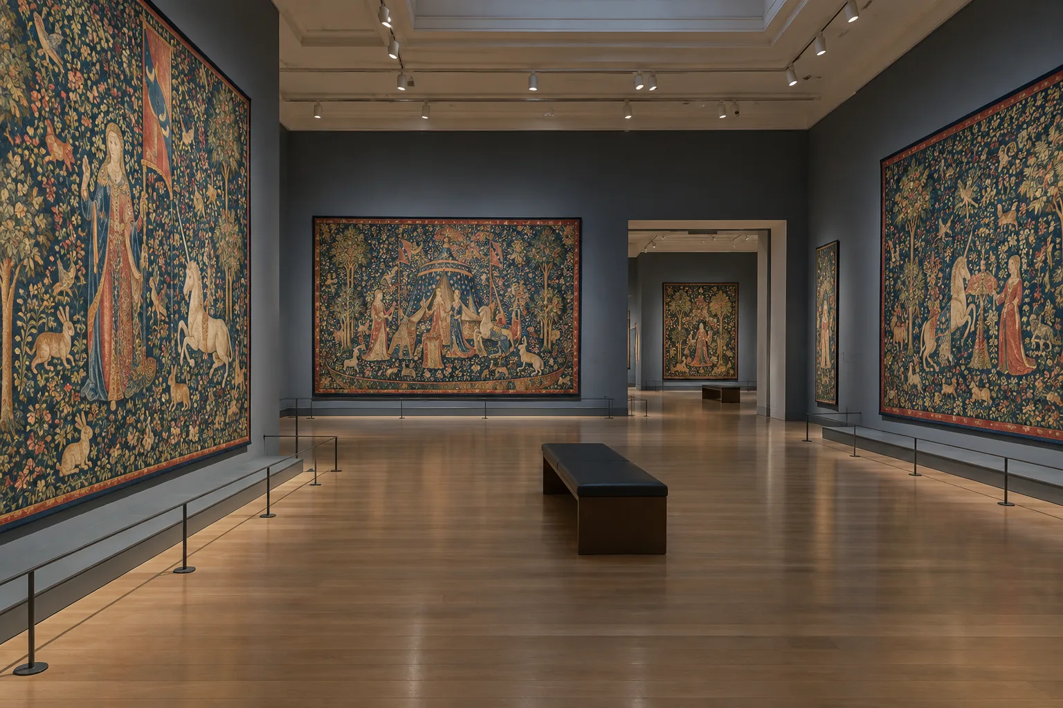 Plusieurs tapisseries médiévales accrochées dans une salle de musée aux murs sobres.