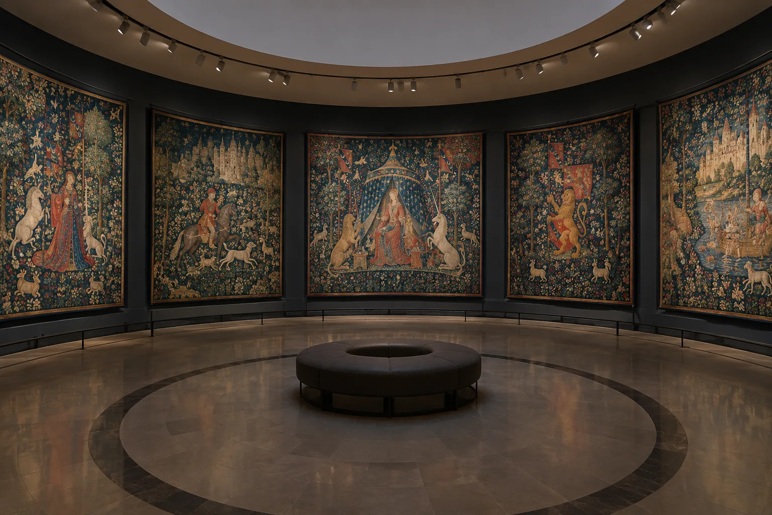 Vue d’une salle circulaire où des tapisseries médiévales sont présentées autour des murs.