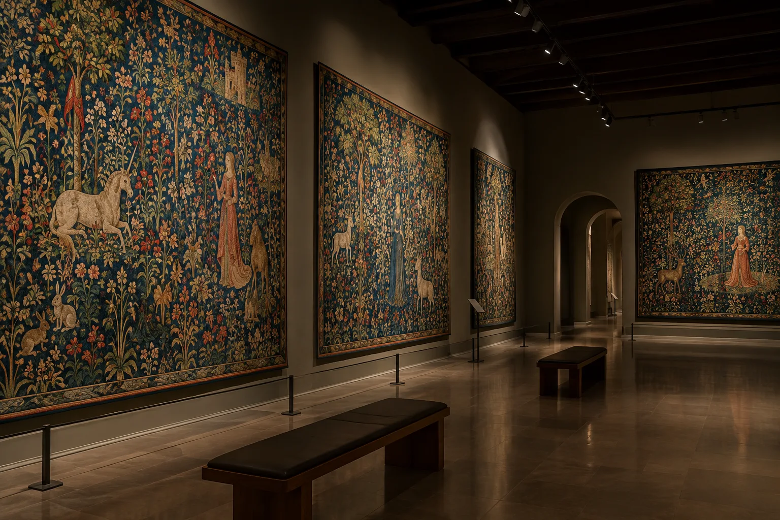 Une salle de musée présente des tapisseries anciennes sous une lumière douce.