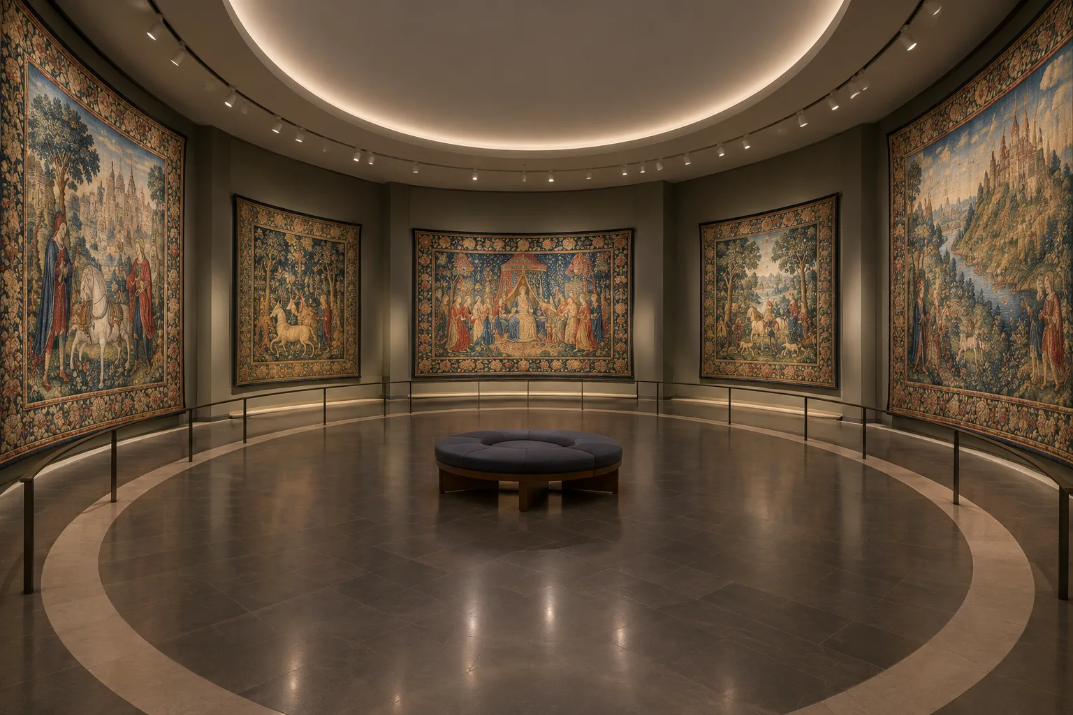 Vue d’une galerie aux murs courbes où plusieurs tapisseries sont présentées autour de la salle.
