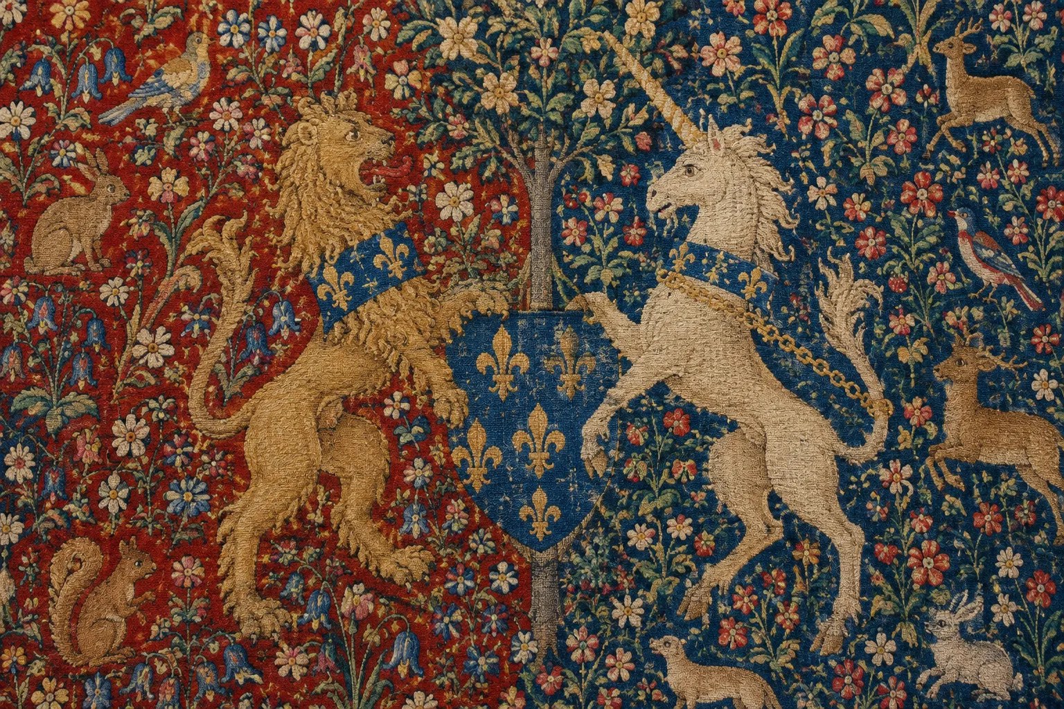 Détail d’une tapisserie médiévale où de petites fleurs et des animaux se détachent sur un fond rouge.